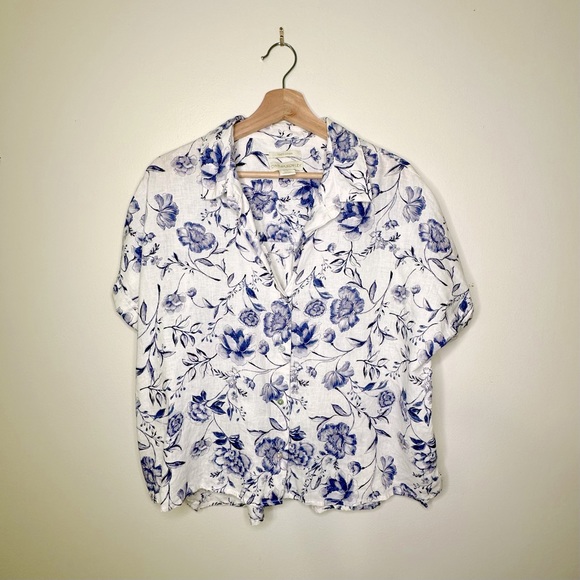 Cynthia Rowley Tops - Cynthia Rowley Blue Floral Linen Button Down Short Sleeve Top Size Medium